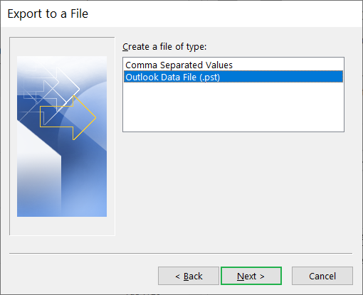 Select Outlook Data file (PST) as the output format for your Outlook profile