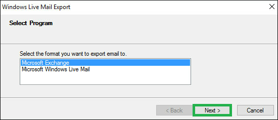 Select Microsoft Exchange as the Program