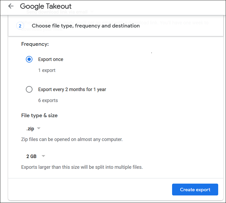 Select the frequency, file type, and size for the supposed export process