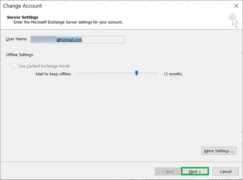 Move the toggle and set the period for offline mode in Outlook