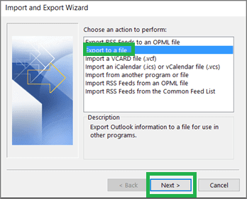 Choose ‘Export to a file, then click Next