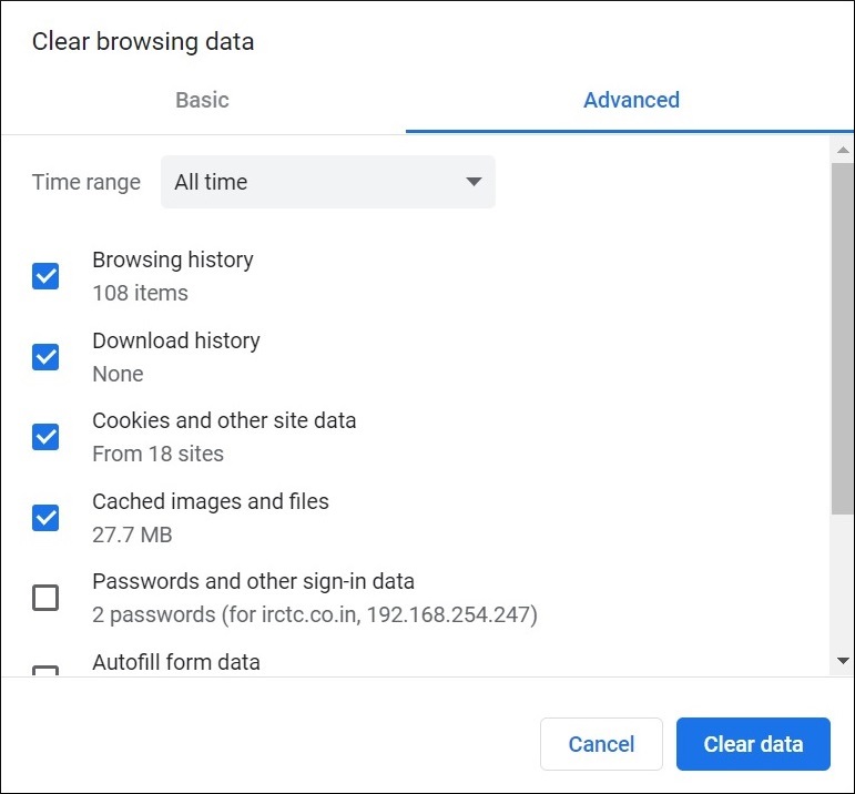See that what is the size of cookies, cache files, and browsing history