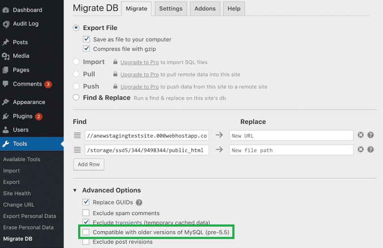 Use correct mode for transfer of WordPress databases