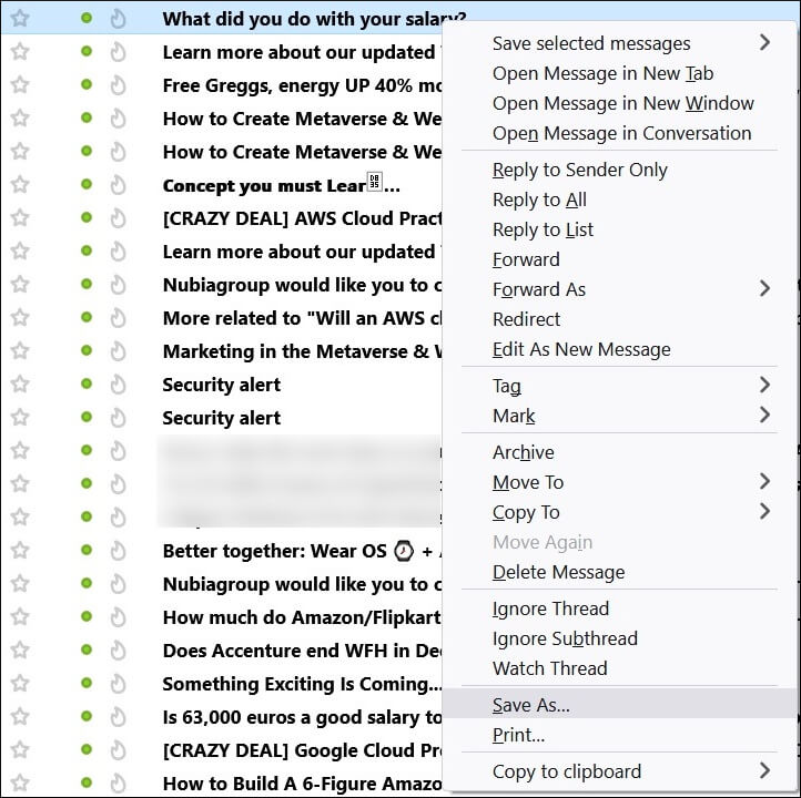 Choose an e-mail and right-click to it