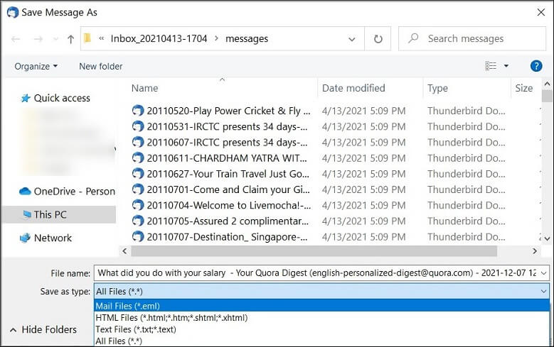 For Save as Type, select EML