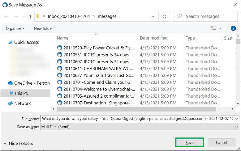 Click Save to save email in EML format