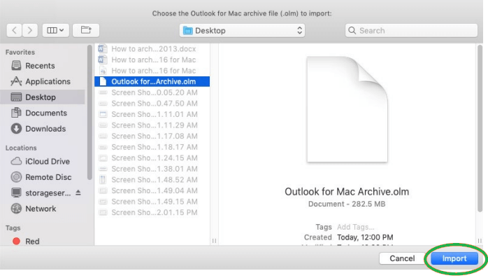 Select the .olm file saved on the system
