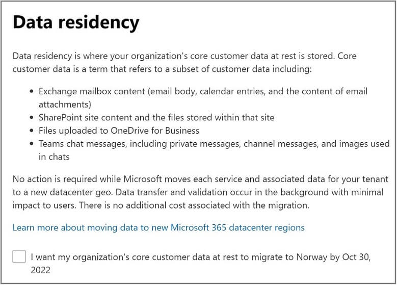 Shows an example of the data residency page for a tenant account