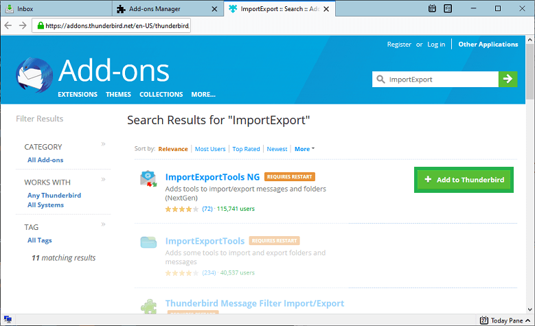 Select ImportExport Tools NG and click Add to Thunderbird
