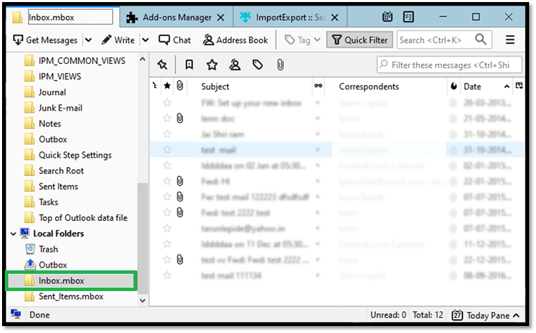 Check the content of the imported file on the Thunderbird mailbox window