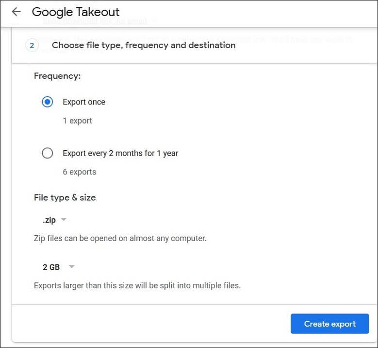 Select the frequency, file type, and file size
