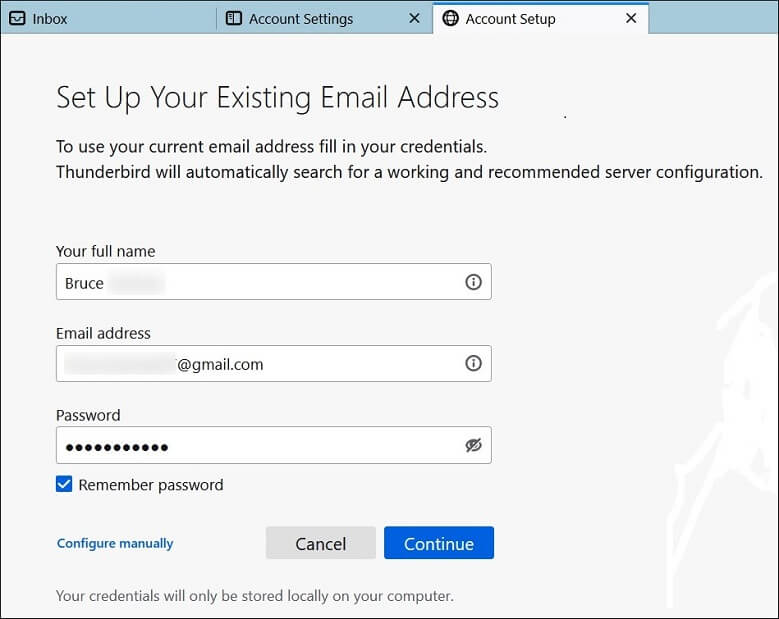 Provide account name, Email Address, and Password of account