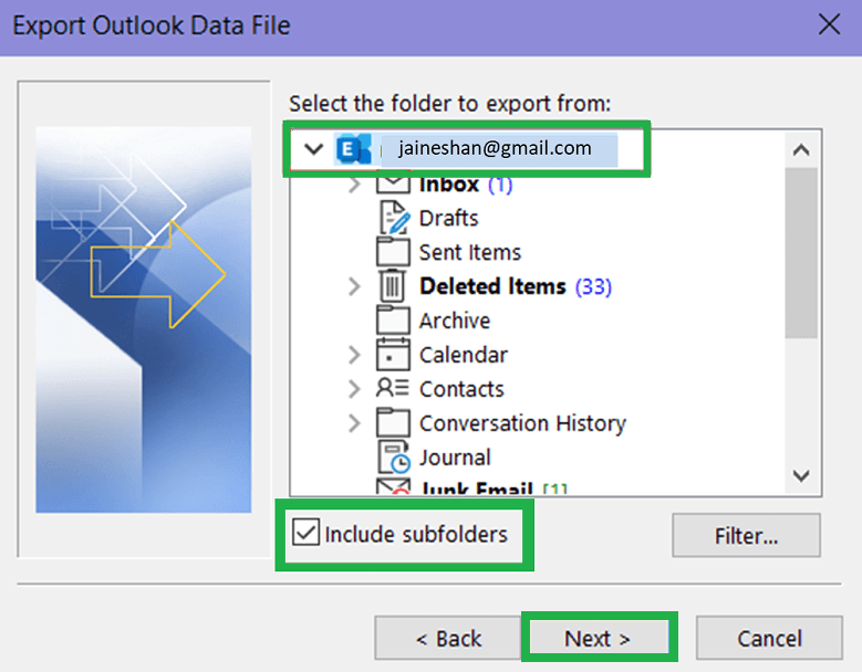 Select the email account that you want to export to another account