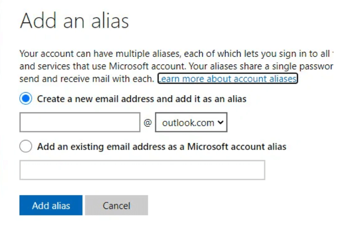 Select add an existing email address as an alias