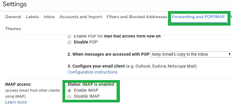 Enable IMAP option is ticked in the IMAP Access section