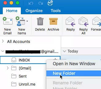 Select the New Folder option, and save a folder by OLMTransfer name