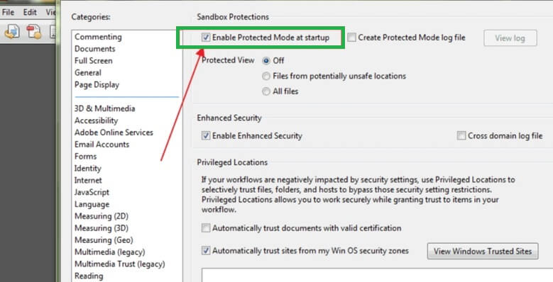 Unselect the box beside “Enable Protected Mode at startup”
