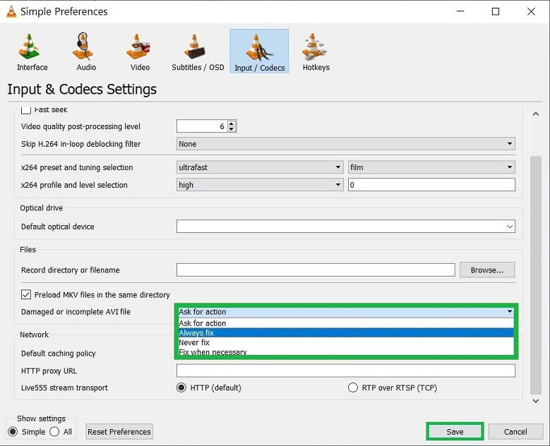 Option for Damaged and incomplete AVI files