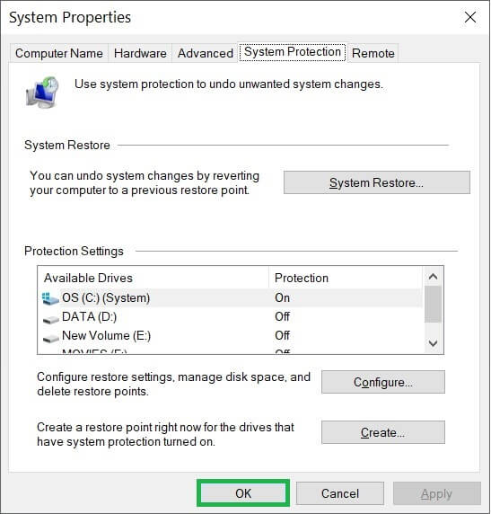 Click the System Restore option under the System Protection tab