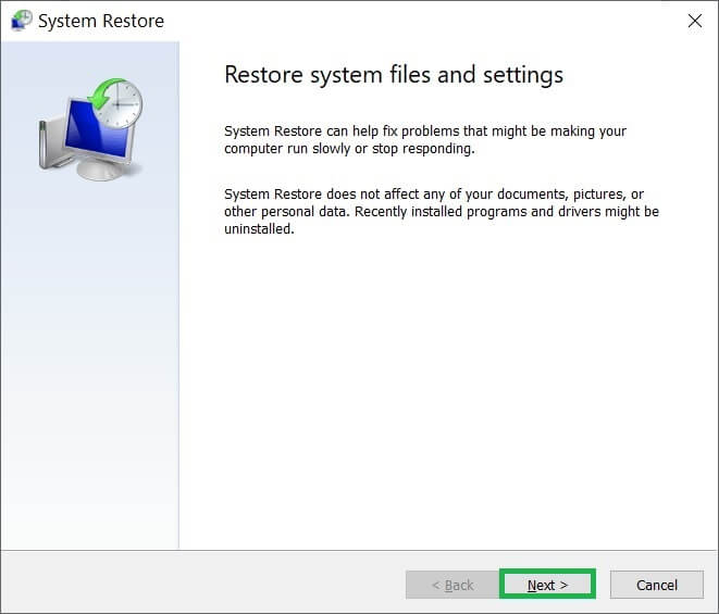 Click Next in the System Restores wizard