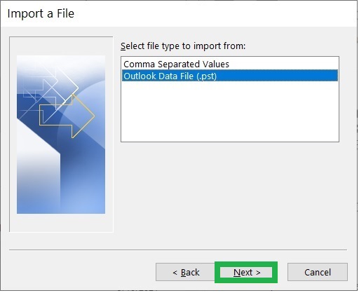 Select ‘Outlook Data File (.pst)’