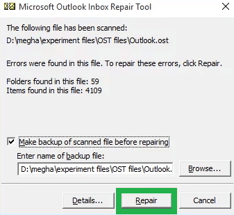 Click on Repair to repair the damaged OST file
