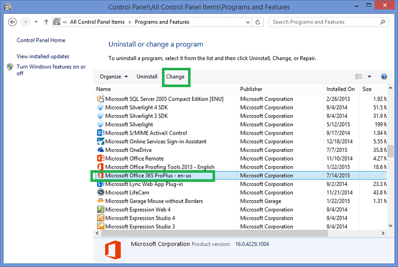 Select Microsoft Office and click on Change