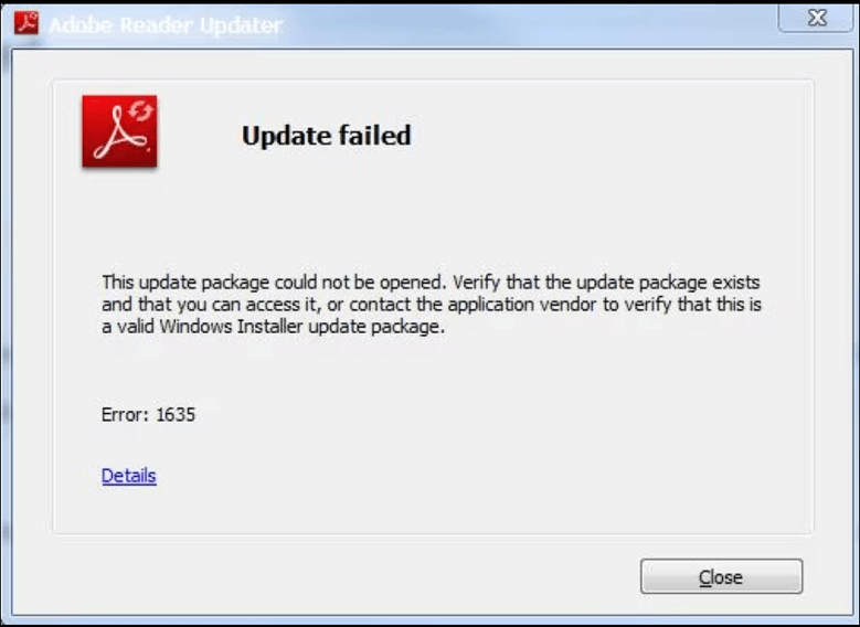 Adobe Reader Update Failed Error 1635