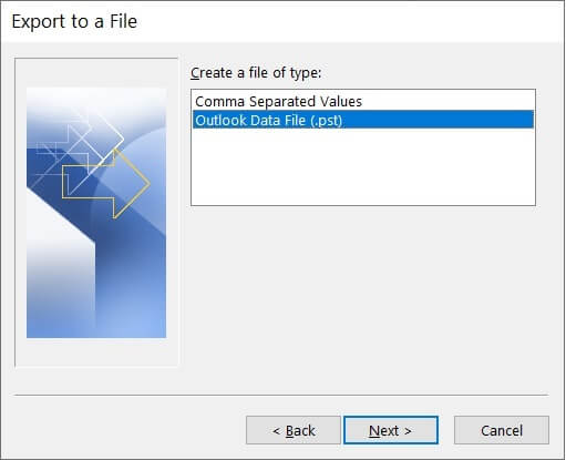 Choose the Outlook Data file (.pst) option