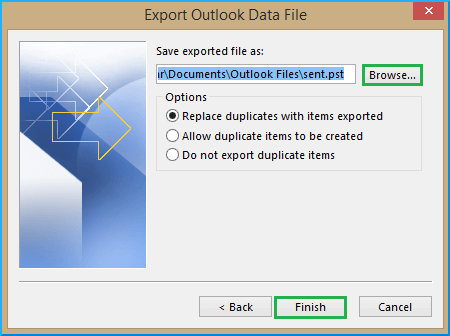 Select a location to save the PST file