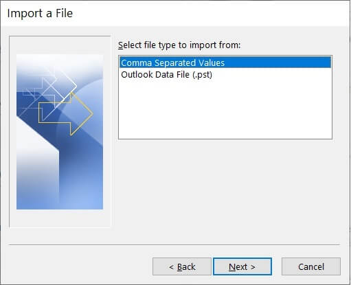 Select the file type as comma separate values
