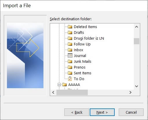 Choose the folder in which you want to import the data
