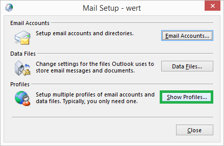 Show Profiles option in the Mail Setup dialog box