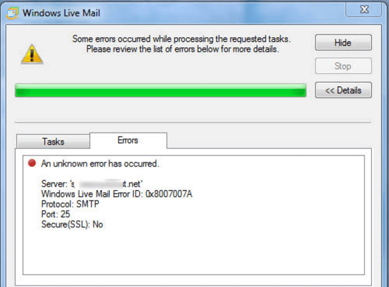 Ошибка почты Windows Live 0x8007007A