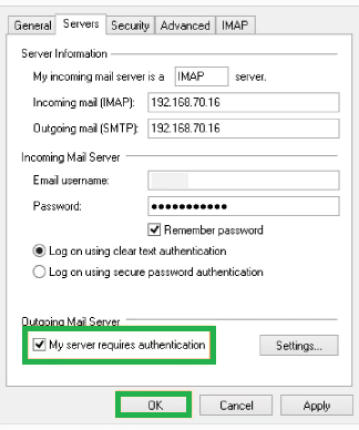 Select the checkbox saying My outgoing server requires authentication