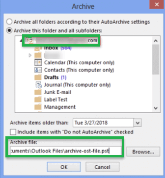 Select a path to save the PST file