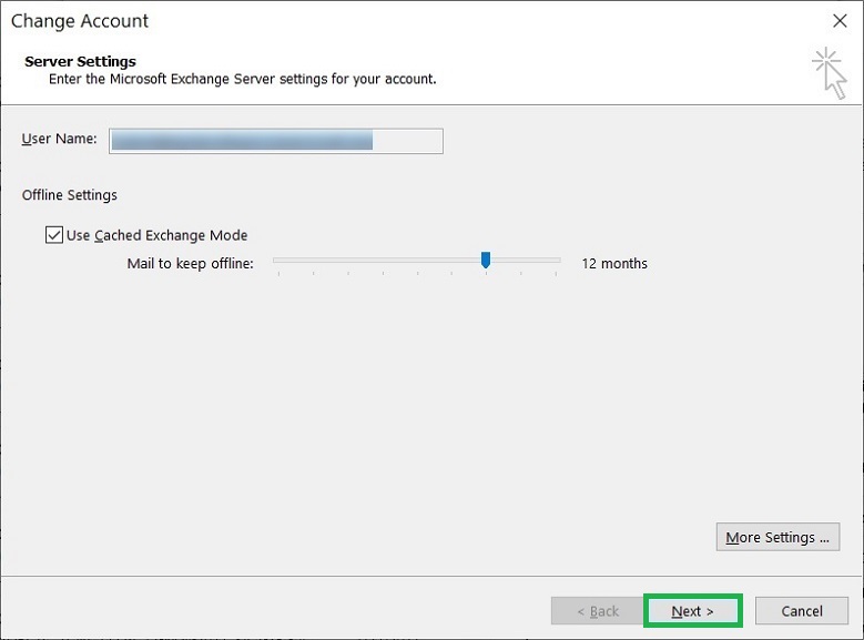 Click the checkbox to Use Cached Exchange Mode
