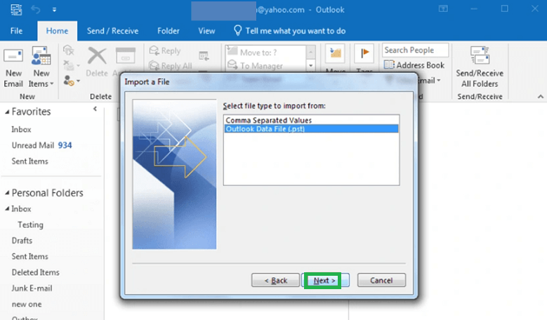 Selecting Outlook Data File (.PST)