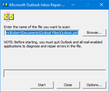 Location of the PST or OST file for scanning errors