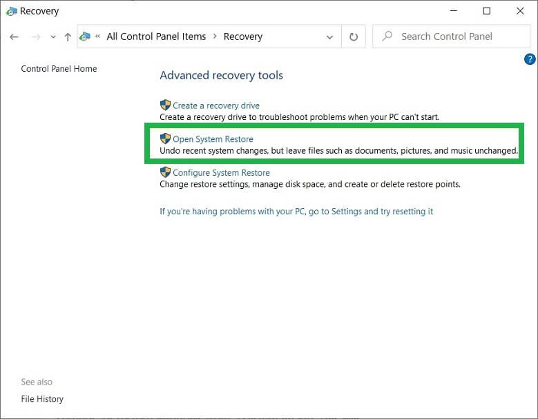 Click the Open System Restore option