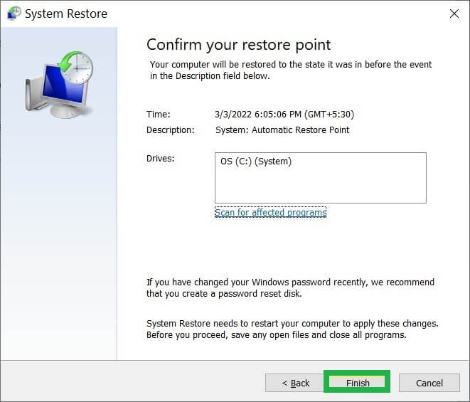 Confirm the restore point