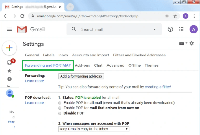 Forwarding and POP/IMAP in the appeared window