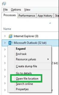 Right-click on Outlook and Select Open File Location.