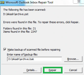 Click on Repair to start repairing the file.