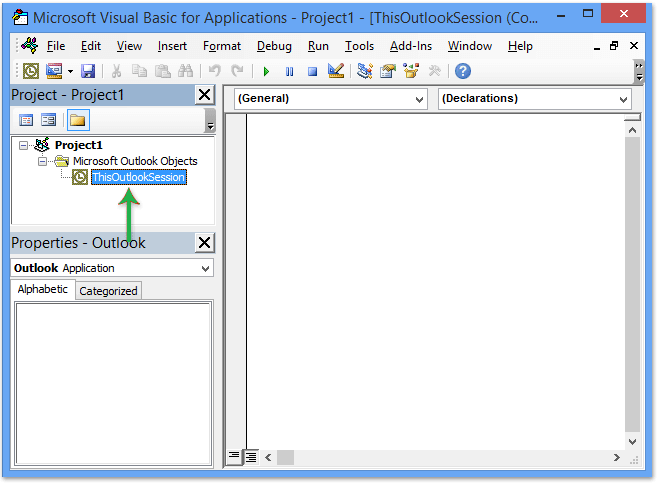 Project pane you will see ThisOutlookSession; double click on it.