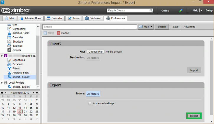 Click on Export to start the process