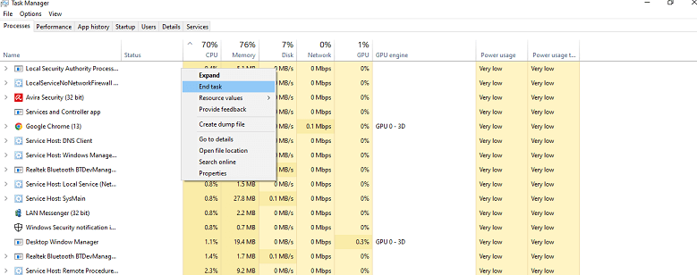 Choosing the “End task” option