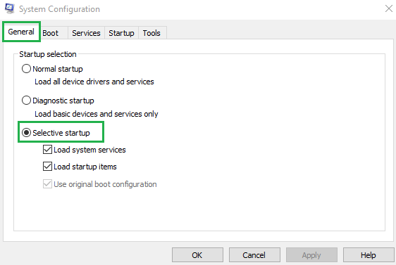 General tab, tick the Selective Startup option