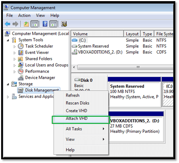 Select the Disk Management option then Attach VHD