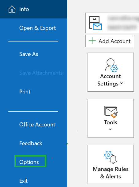 In the left pane select the Options tab